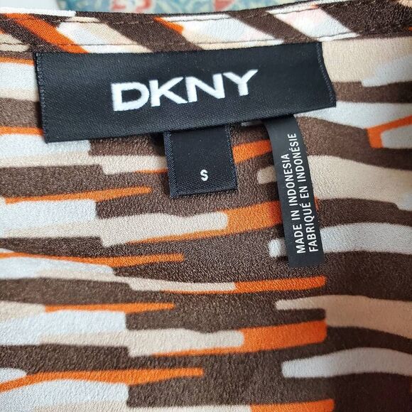 DKNY Brown Orange & Cream Geometric Print Tie Waist Top – Size S - Picture 6 of 8